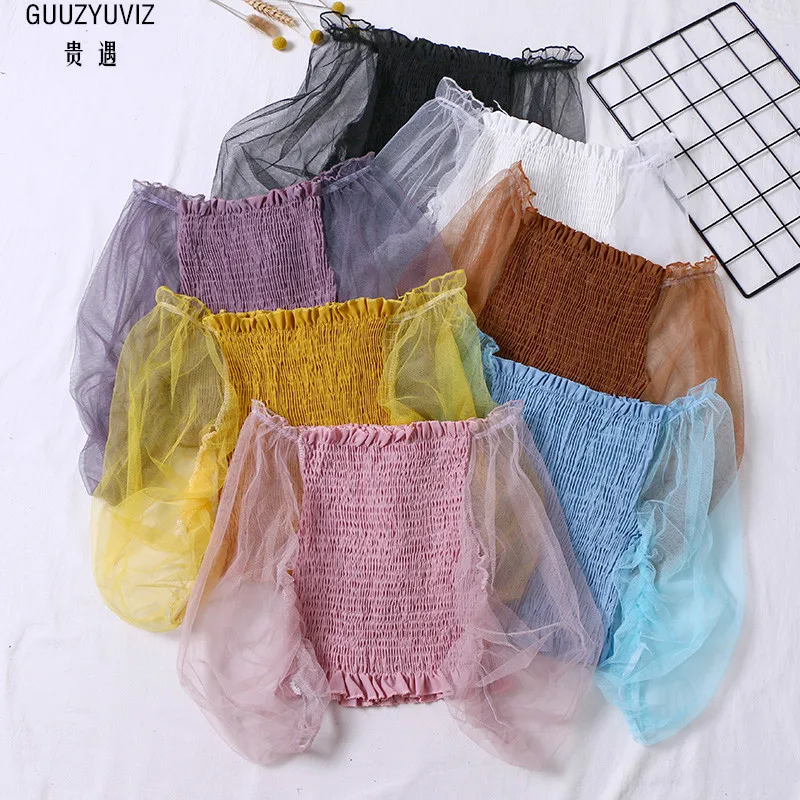 

GUUZYUVIZ Off Shoulder Sexy Women Tops And Blouses Casual Transparent Mesh Short Blouses Woman White Black Bluasa Feminina