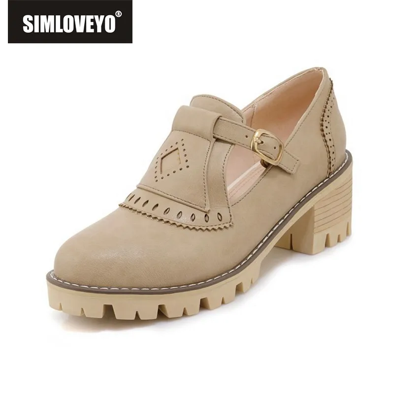 

SIMLOVEYO New Arrive Single Shoes Women Pumps Med Heels Shallow Buckle Strap Thick Heel Platform Solid mujer zapatos Casual B804