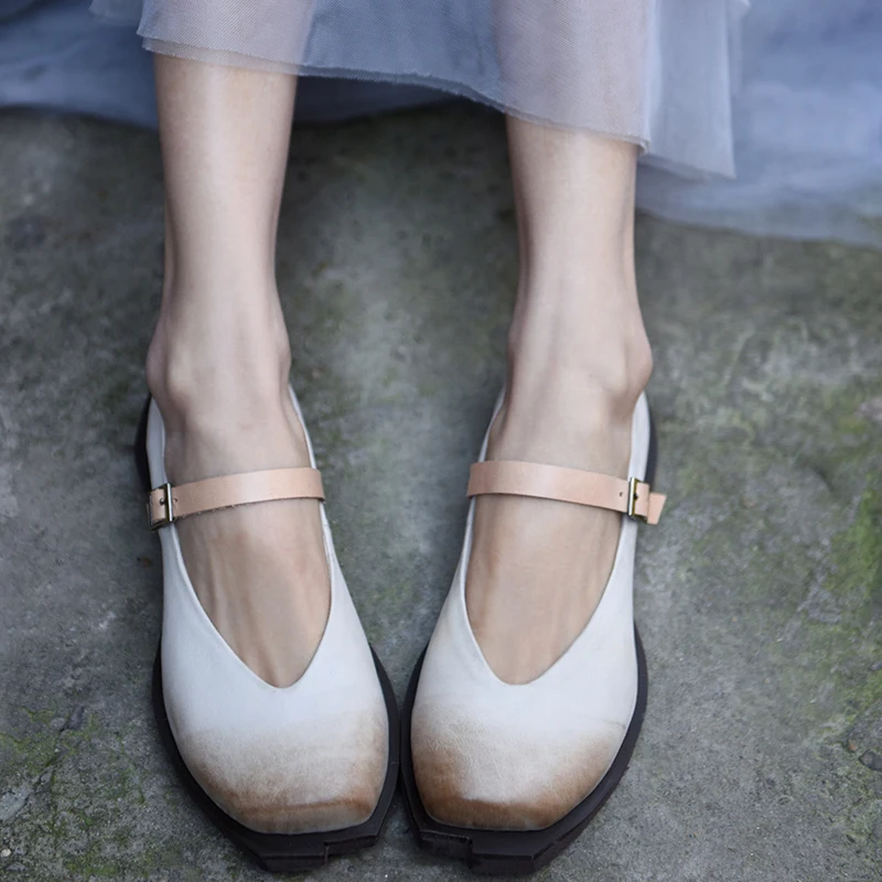 Artmu Женская обувь в японском стиле ретро новая весенняя обувь ручной работы из натуральной кожи на плоской подошве с квадратным носком и пряжкой B19-6