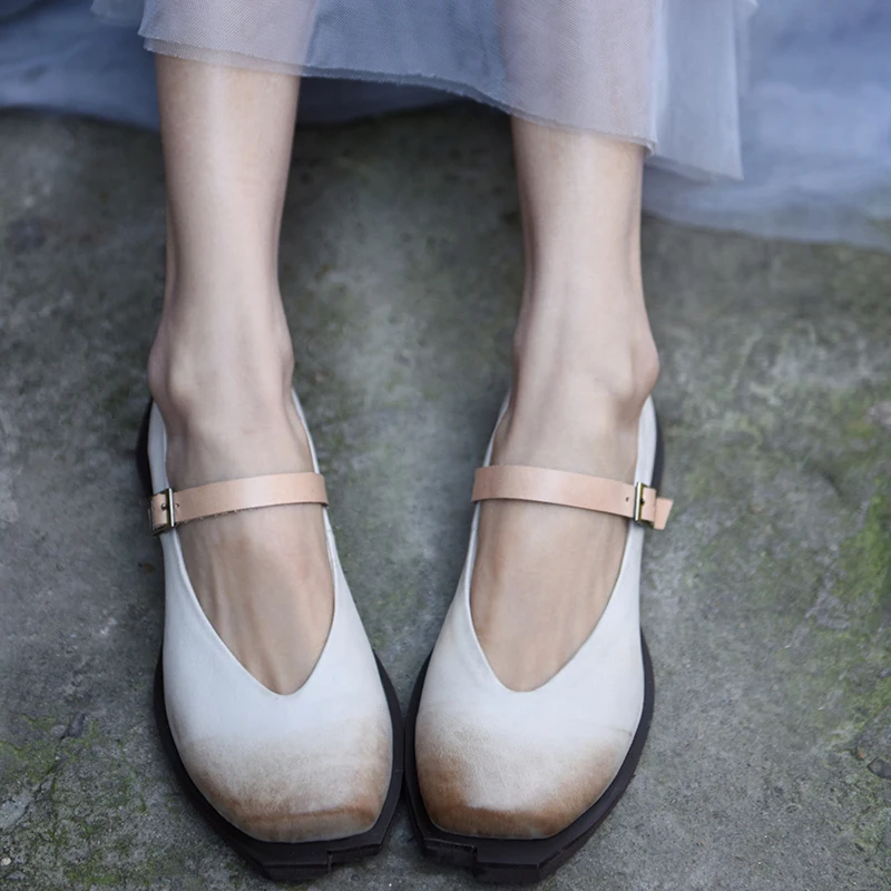 

Artmu Original Retro Japanese Style Women's Shoes Flat Sole New Spring Genuine Leather Buckle Square Toe Handmade Shoes B19-6
