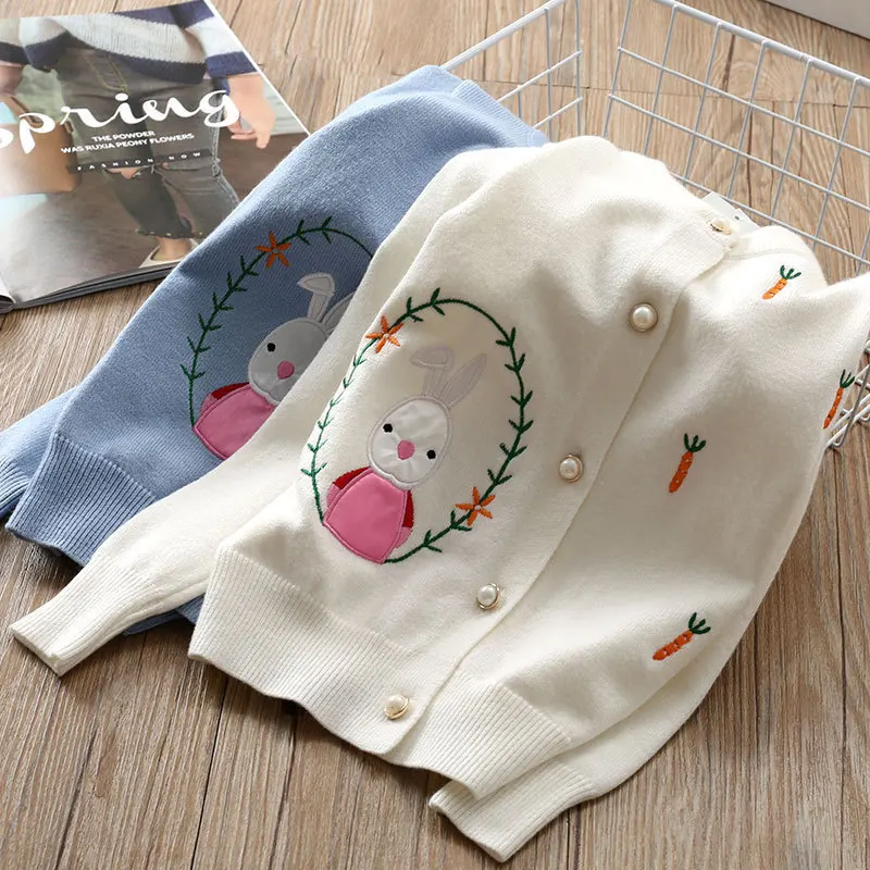 

2020 Spring Autumn Girls Knitted Sweaters Baby Cardigan Coat Kids Embroidered Rabbit Knitwear Children Cute Casual Clothes X254