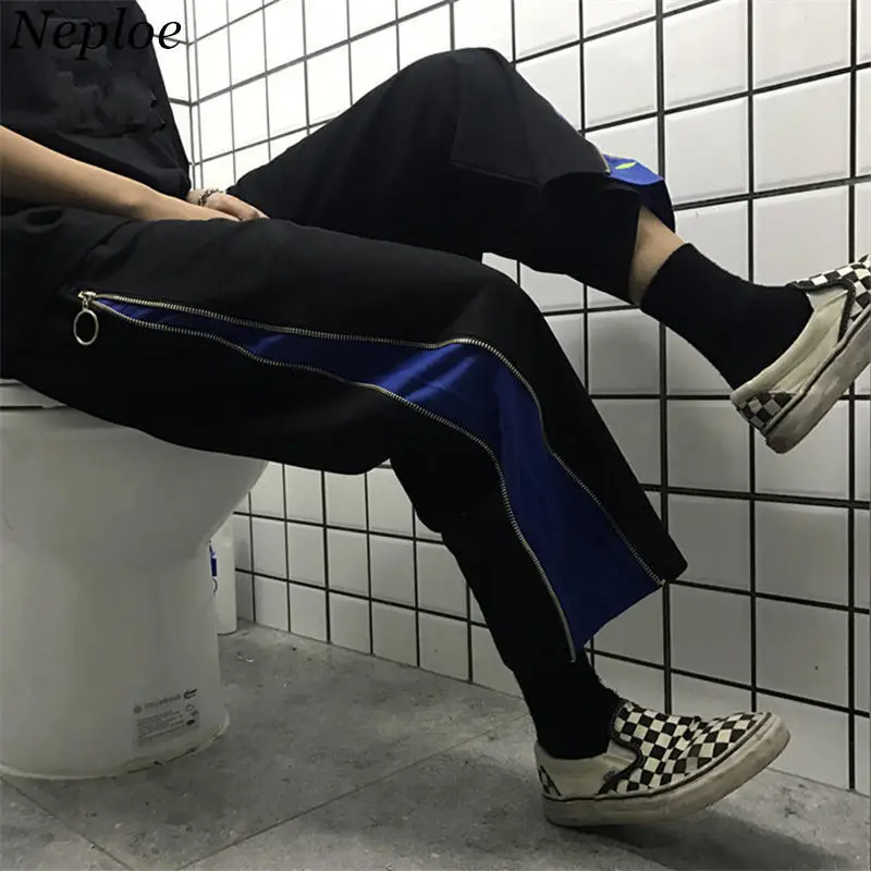 

Neploe 2019 Summer Causal Wide Leg Pants Harajuku Patchwork Side Zipper Trousers Women Men Fashion Causal Pants 35802