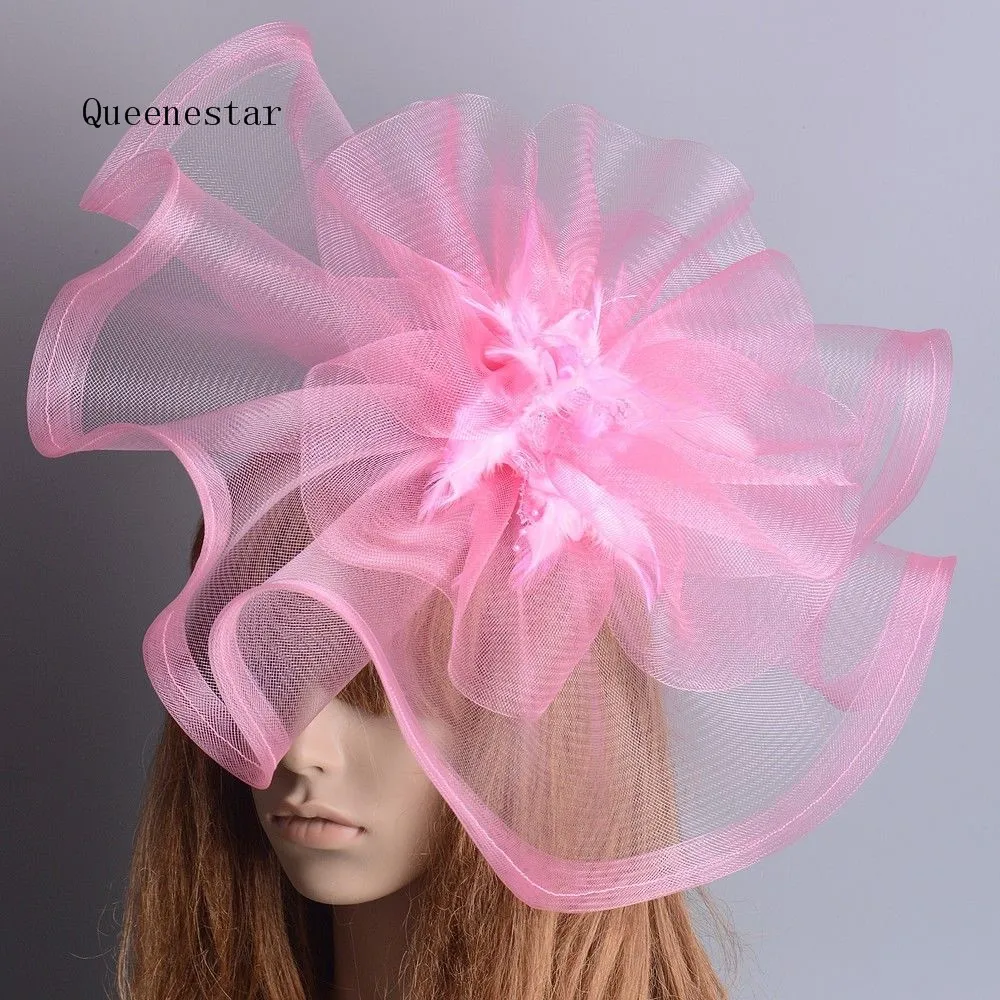 

2018 New Large White Pink Yellow Feather Flower Fascinator Hat Fashion Ladies Cocktail Mesh Headpieces Wedding Bride Hair Clip