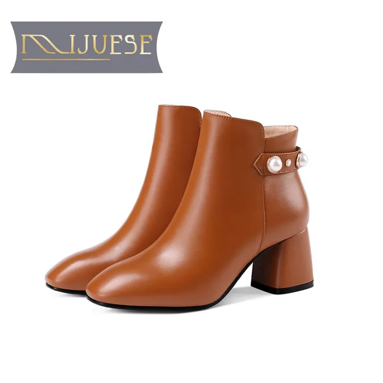 

MLJUESE 2019 women ankle boots cow leather pearls slip on brown color autumn spring high heels women boots size 42