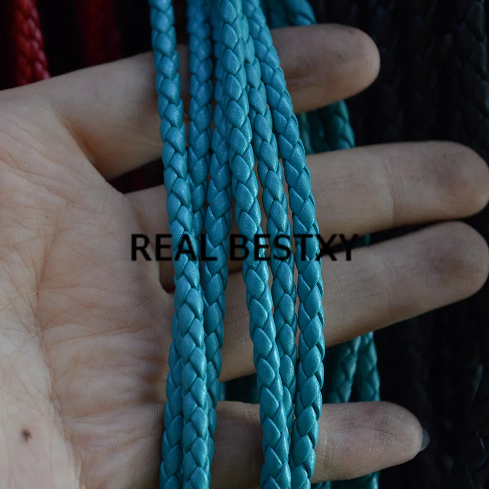

REAL BESTXY 5m/lot Round teal Braided Bolo Leather Strap, 4mm Braid Leather Cord, braided leather leather strips for necklace