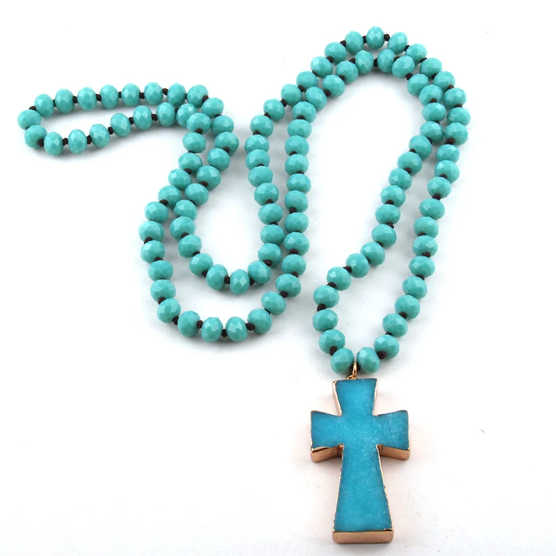 Fashion Aqua Long Crystal Glass Knotted Cross Pendant Necklaces For Bohemian Tribal Jewelry | Украшения и аксессуары