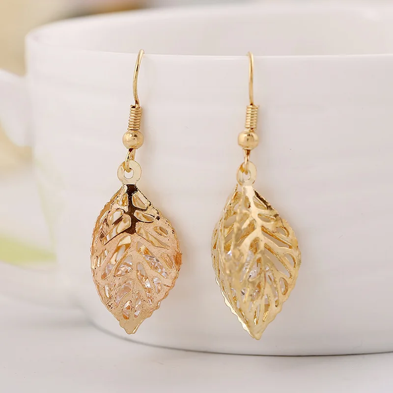 

Vintage Metal Hollow Leaf Geometric Dangle Drop Earrings for Women Shiny Crystal Female Hook Hanging Earring Statement Jewelry
