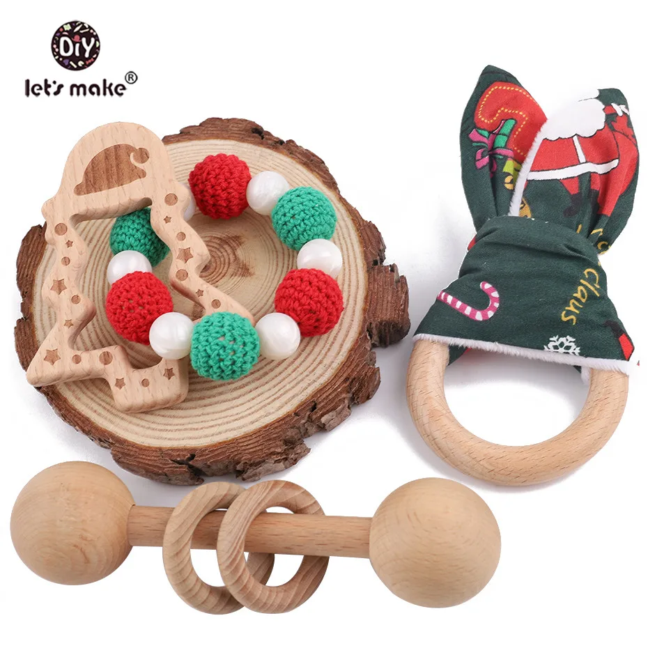 Let's Make/1 шт., Органическая деревянная подвеска в виде ушей кролика, деревянная погремушка, браслет для рождественской елки, детский прорезыватель, подарок на Рождество и год для ребенка