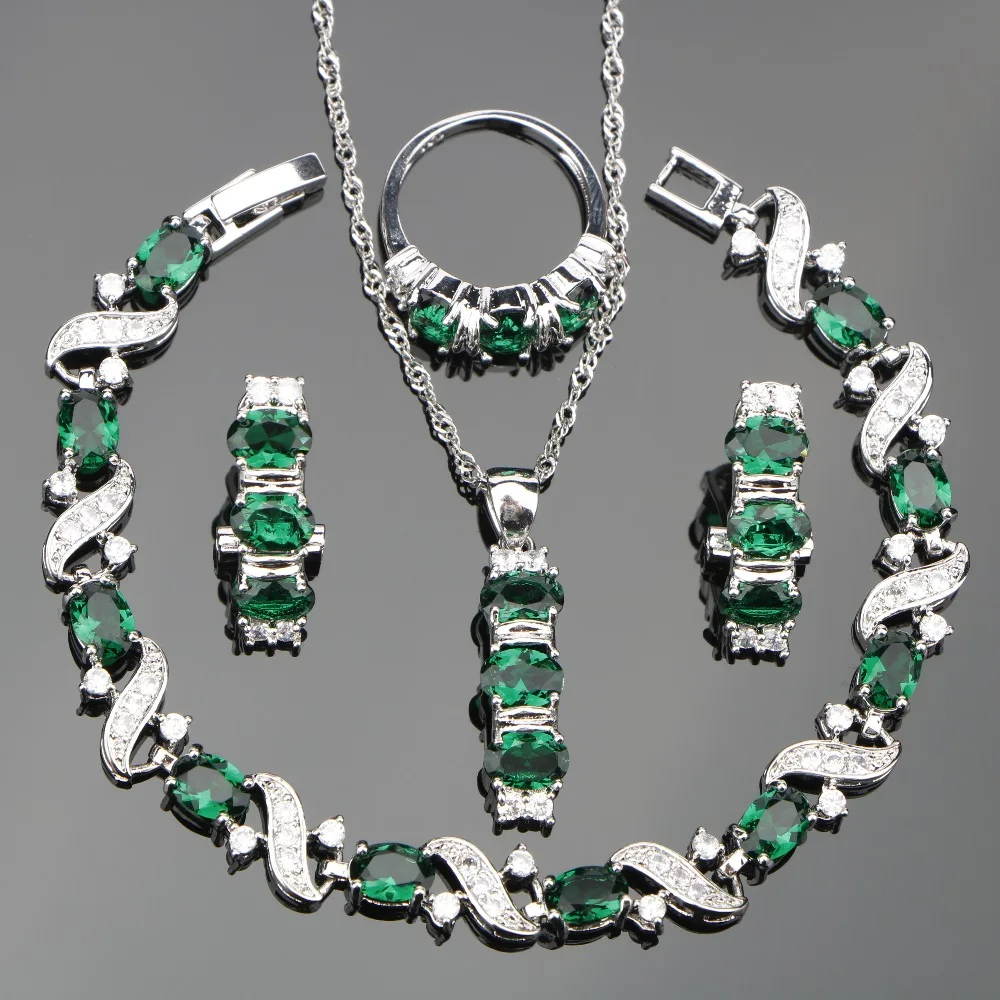 

Green Zircon Silver 925 Costume Jewelry Sets Women Bracelets Necklace&Pendant Rings Earrings With Stones Jewellery Set Gift Box