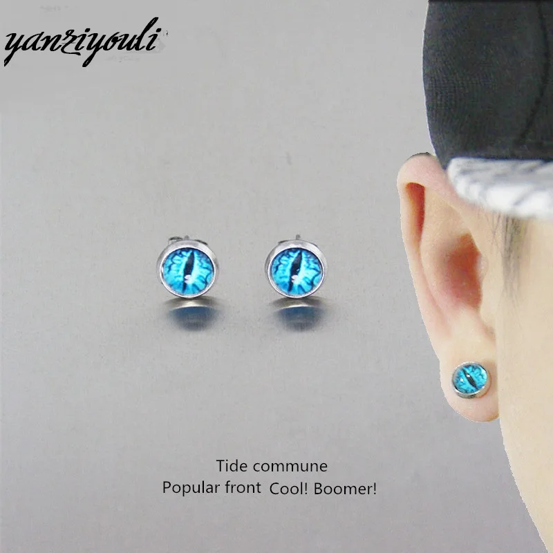 

Cool Dragon Evil Eye Stud Earrings Green Blue Devil Eye Ear Nail Sauron Jewelry Glass Cabochon Earrings for Men Boucle D'oreill