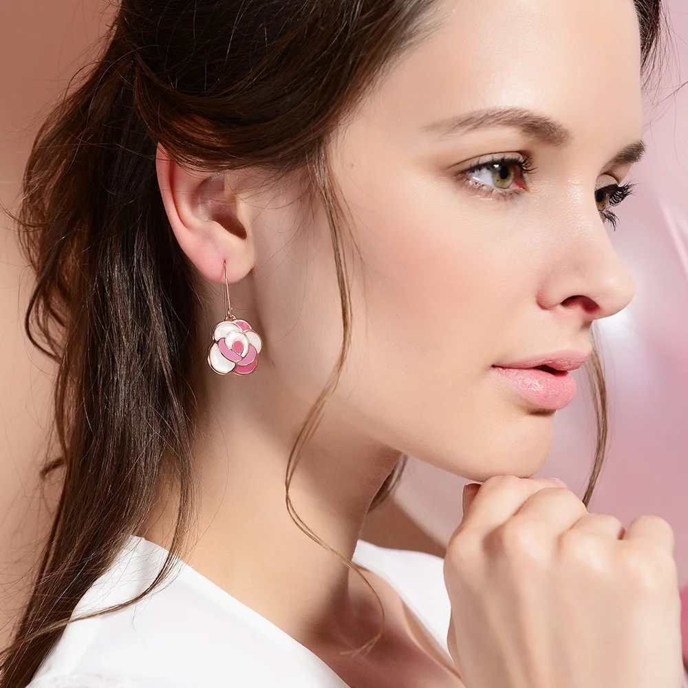 Newest Viennois Fashion Jewelry Rose Gold Plated Spring Pink Flower Newest Viennois Fashion Jewelry Rose Gold Plated Spring Pink Flower Dangle Earrings For Woman Accessories In Drop From