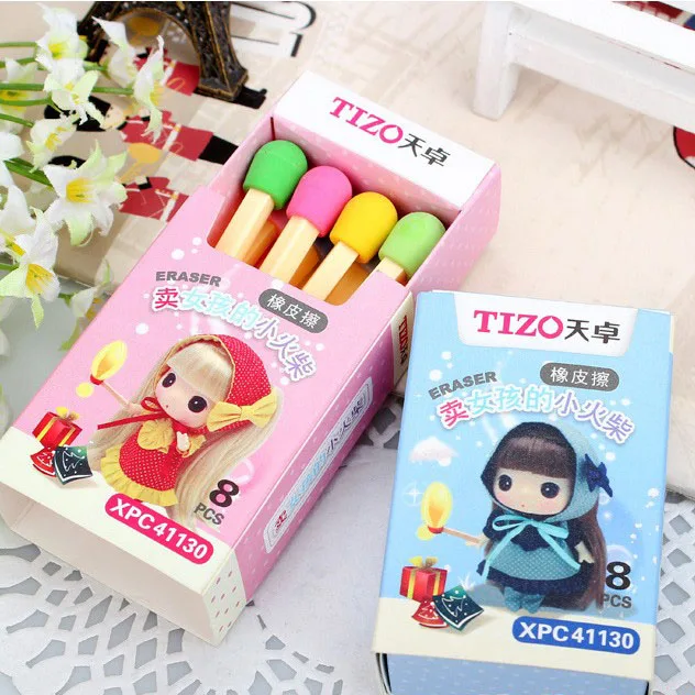 

8Pcs/pack Cute Matches Girl Eraser Lovely Colored Eraser for Kids Students Gift Office Stationery Supply