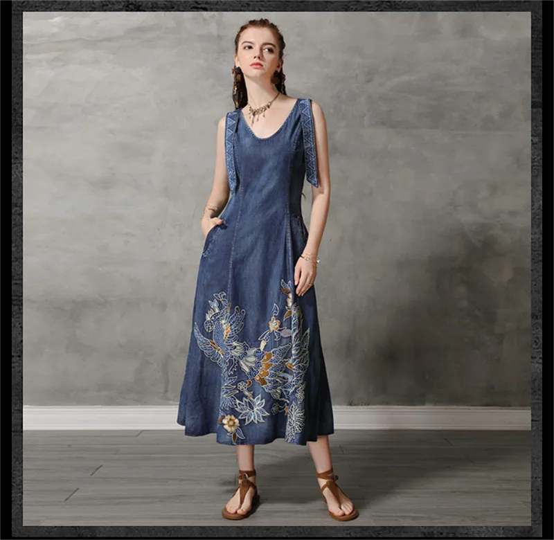 Summer Tank Dress 2019 Vintage Cotton Women's Denim Dresses O-Neck Sleeveless Woman Embroidery Swing Hem Sundress Ke82168 (11)