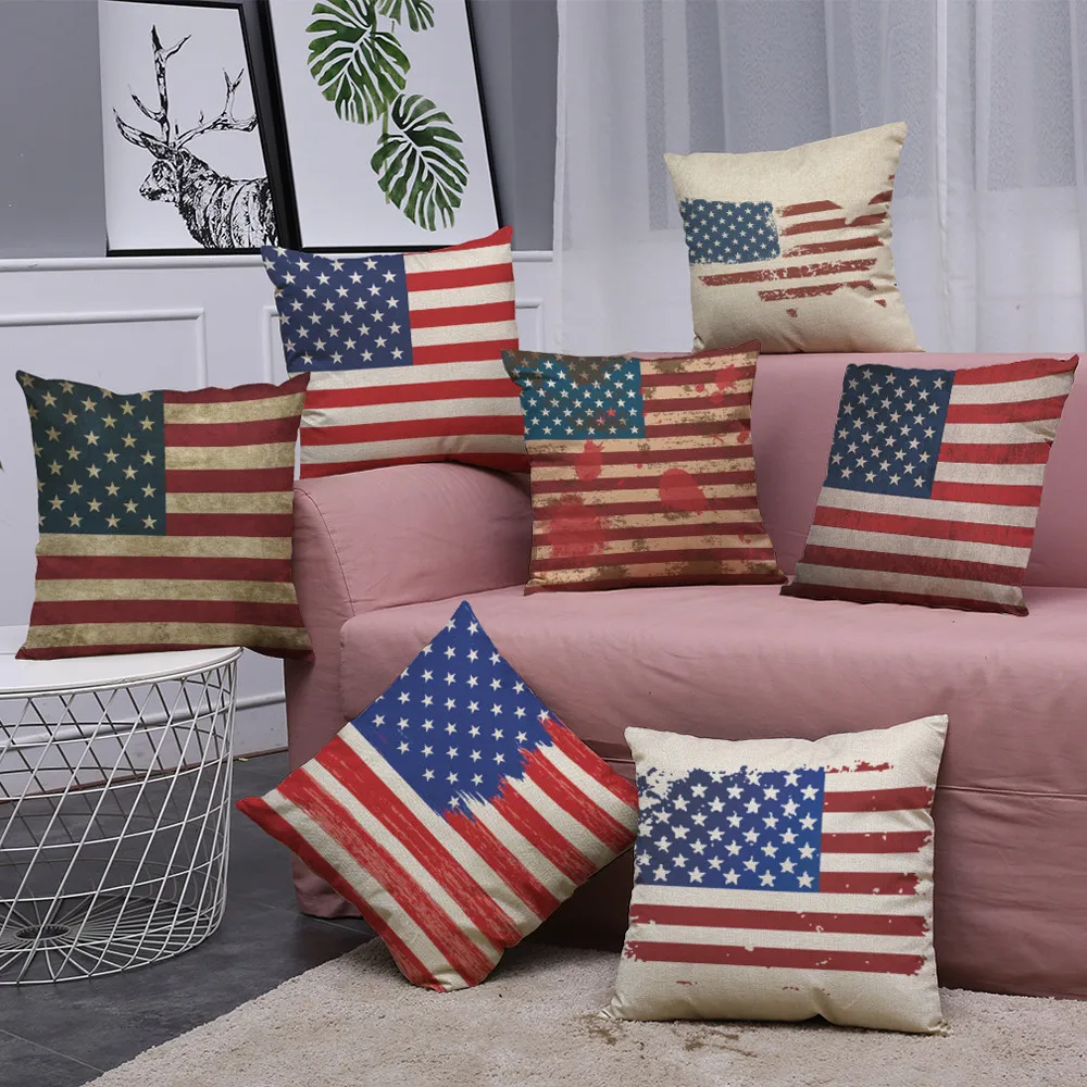 

Vintage American Flag Pillow Cover Cotton Linen 45cm*45cm Hand Made Sofa Waist Throw Cushion Cover Bed Home Decoration