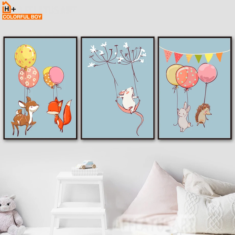 

COLORFULBOY Deer Fox Rabbit Mouse Balloon Wall Art Canvas Prints Poster Canvas Painting Wall Pictures Bedroom Kids Room Decor