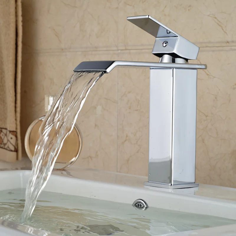 

Retail Basin Vessel Sink Faucet Seven Shape Waterfall Hot and Cold Water Taps Bright Chrome