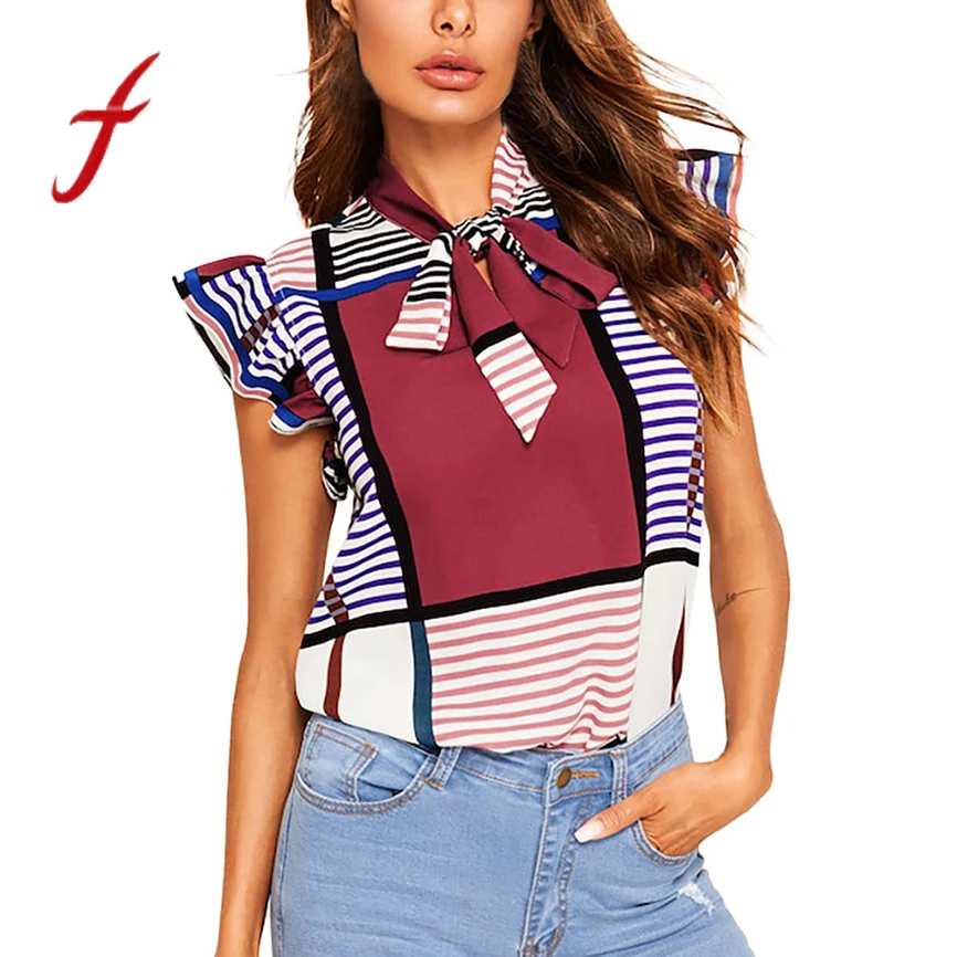 

Tops mujer verano 2019 women's Contrast Printed Ruffle Sleeveless Bow Top Shirt T-Shirt camisetas mujer manga corta bodysuit top