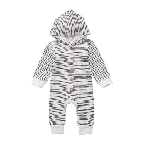 

New Toddler Newborn Baby Boy Girl Warm Infant Romper Striped Jumpsuit Hooded Clothes Long Sleeve Outfit