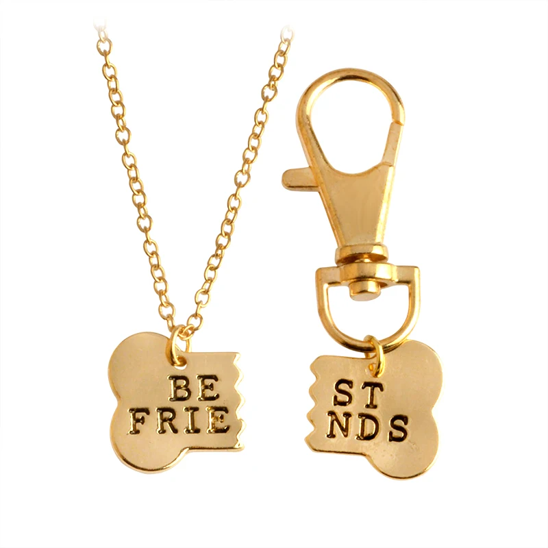 

2pcs/set BEST FRIENDS Bone Shape BFF Pendant Necklaces & Keychain Key Chain Keyring Gold Silver Tag Gift for friends wholesale