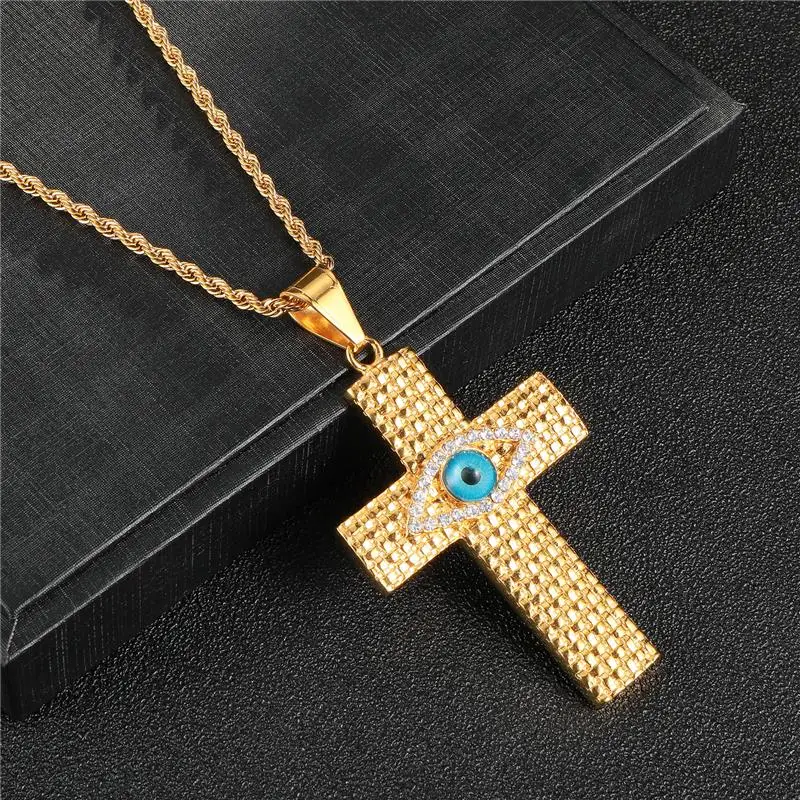 

HIP Hop Bling Iced Out Evil Eye Cross Necklaces & Pendants Gold Filled Stainless Steel Natural Stone Necklace For Men Jewelry