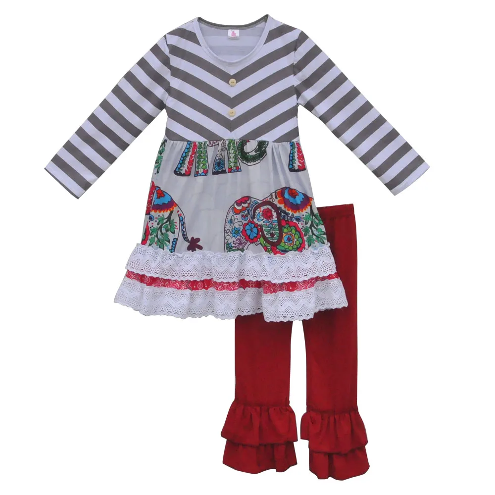 Spring Boutique Girls Clothing Giggle Moon Remake Outfits Elephant Print Dress Wine Double Reffle Pants Baby