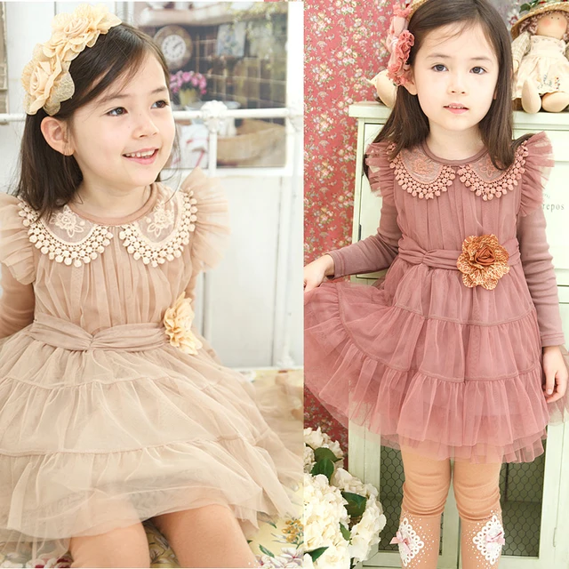 Fashion Girl's Princess Dress long sleeve+o neck Flower Cotton Pink