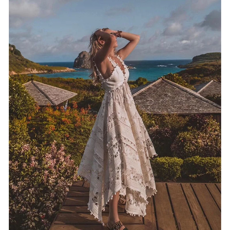 

2019 new Designer Summer Strap Dresses Women's Embroidery Cutout Balls Irregular Holiday Sexy deep V Strap long dress Vestidoes