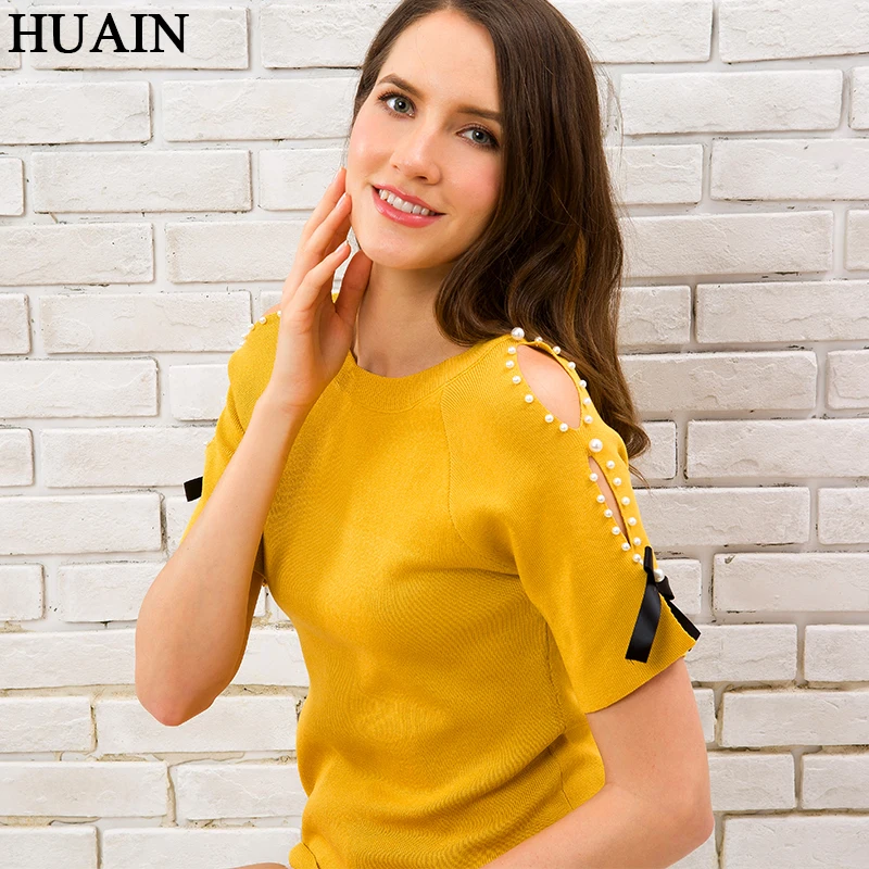 

Pearl Beading Knitted Blouse Shirt Women Short Sleeve Bow Summer Fashion 2018 Off Shoulder Ladies Tops Fitness Female Clothing