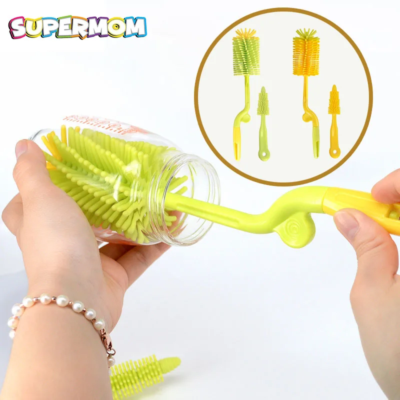 

2pcs Baby Bottle Brush Milk Water Cup 360 Degrees Cleaning Silicone Bottle Brush Rotatable Handle Effective Bottle Clean Brush