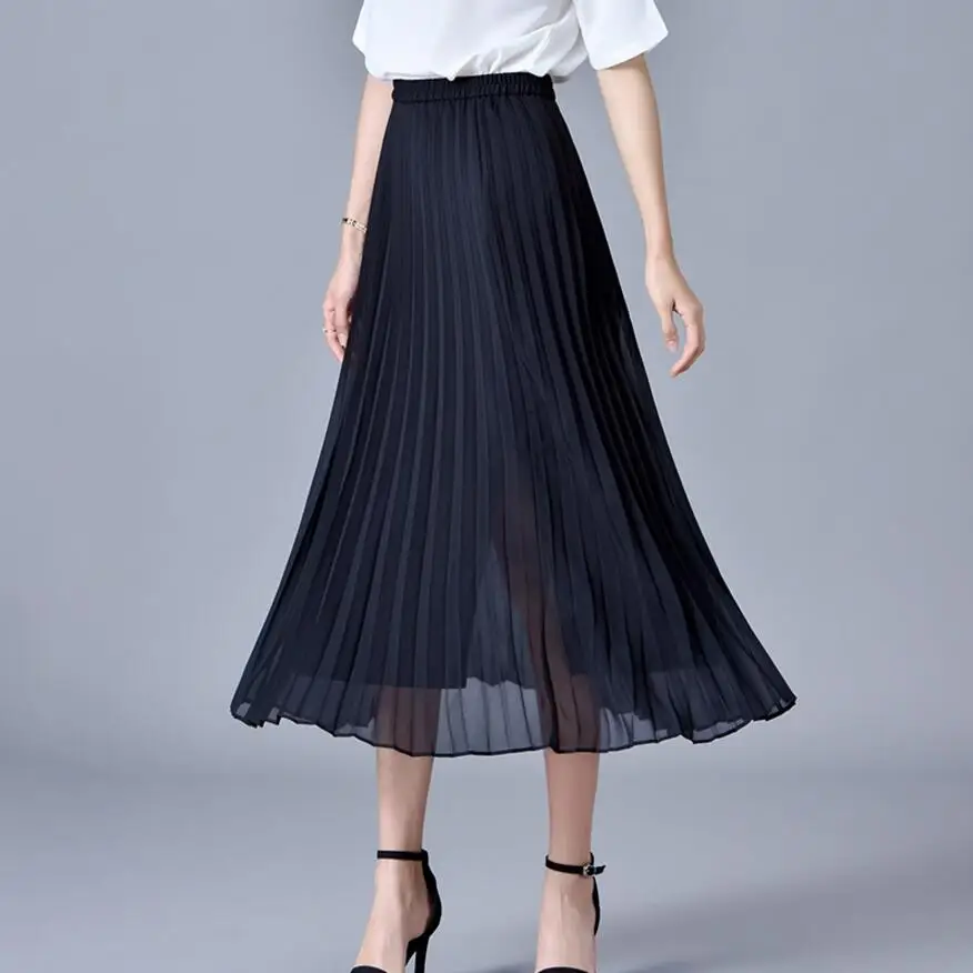 Comprar 2019 primavera Bohemia plisado Maxi Faldas Mujer verano Color sólido alta cintura gasa Falda larga tutú elegante señoras negro