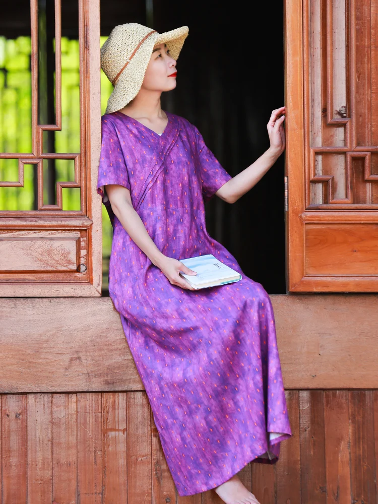 LZJN V-Neck Short Sleeve Dresses New Women High Waist Vintage Purple Color 2019 Summer Cotton Linen Maxi Pockets Dresses (8)