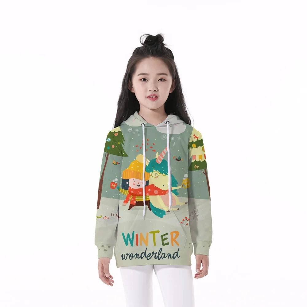 Girls 4-12 Y Spring Autumn Hooded Long Sleeve 3D Digital Print Winter Unicorn Pattern Hoodies Casual Loose Fit | Детская одежда и