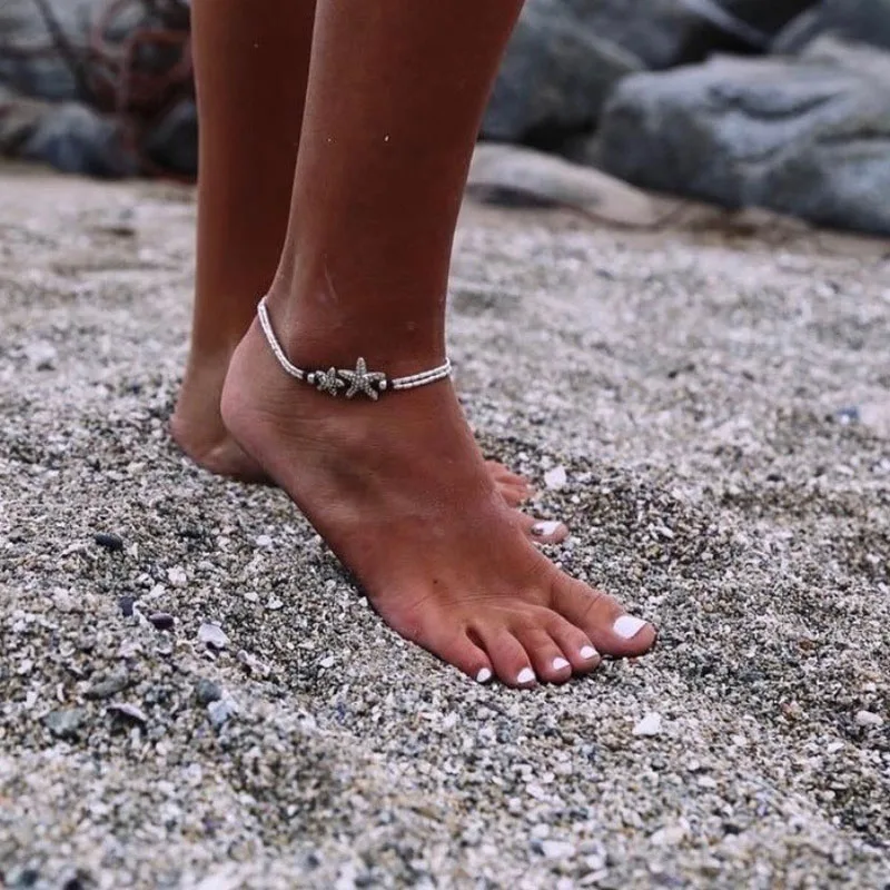 Летние бусины ножной браслет с подвеской ножной браслет лодыжки браслет из морских звезд Шарм двойной цепной браслет пляж Винтаж