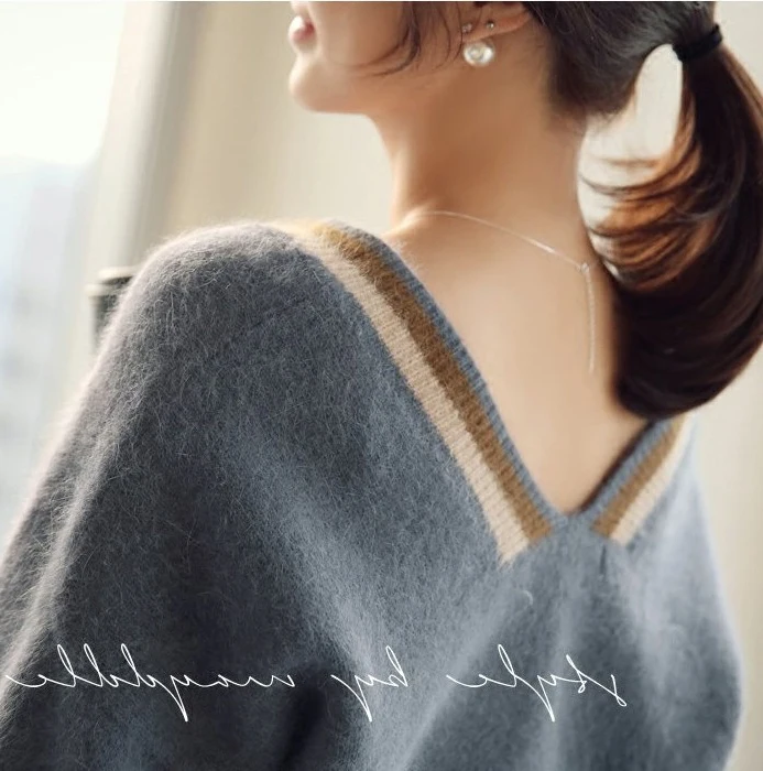 

deep v neck loose korean style sweater women casual winter autumn mink cashmere sweater knitted top 2018