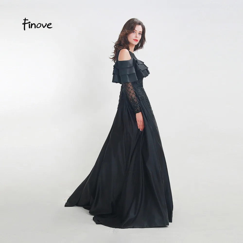 Finove новое вечернее платье длинное винтажное черное шикарное платье с оборками полностью вышитое бисером ТРАПЕЦИЕВИДНОЕ женское платье в пол Вечерние платья на Хэллоуин