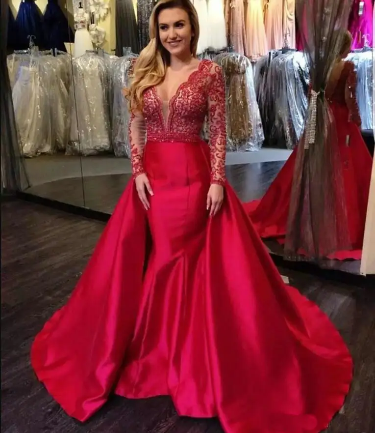 

Stunning Sheer Red Lace Satin Evening Dress Modest V Neck Long Sleeves Formal Party Gown Custom Made Plus Size Formal Dress