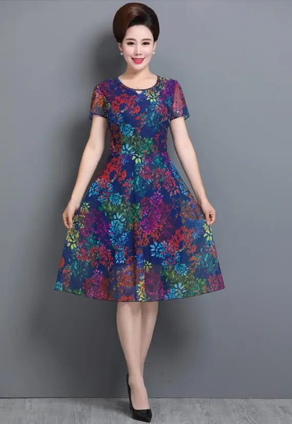 Летнее шифоновое платье для женщин среднего возраста, Элегантные Платья с цветочным принтом для мамы, вечерние платья с коротким рукавом больших размеров 5XL