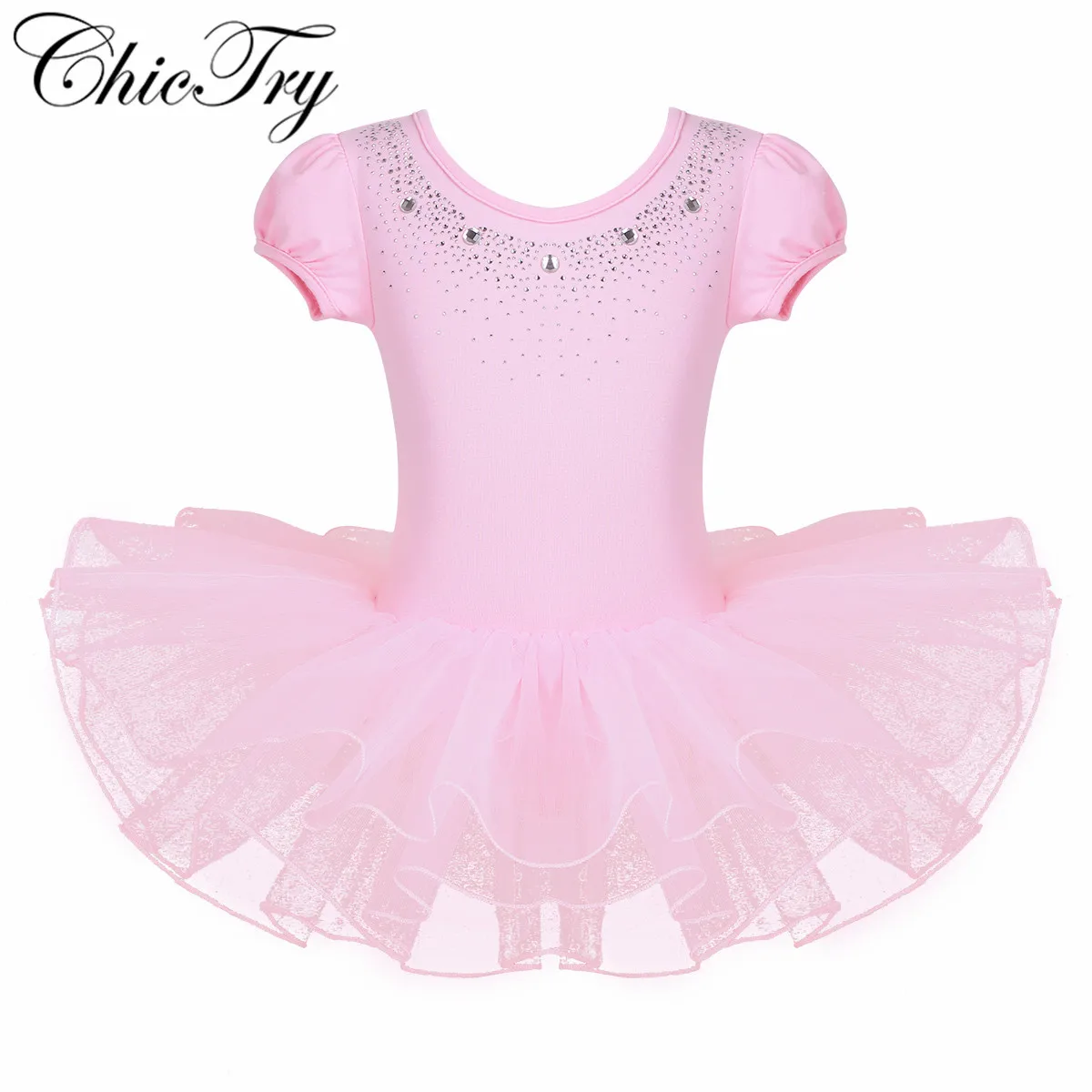 

Kids Girls Mesh Short Bubble Sleeves Sparkly Rhinestones Ballet Dance Gymnastics Leotard Tulle Tutu Dress for Stage Performance