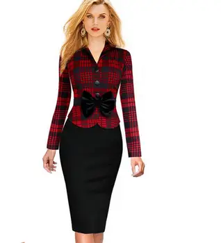 

Casual Checkered Dres Fit Spring Women Peplum Vintage Button Decoration Tunic Wear To Work Business Pencil Sheath Wiggle Dress