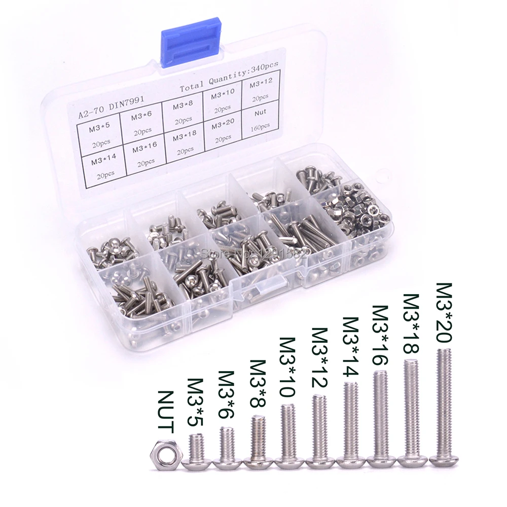

340pcs M3 Button Head Hex Socket Screw Bolt Nut Stainless Steel S304 M3 Screw Nut Assortment Kit Fastener Hardware For RC Motor