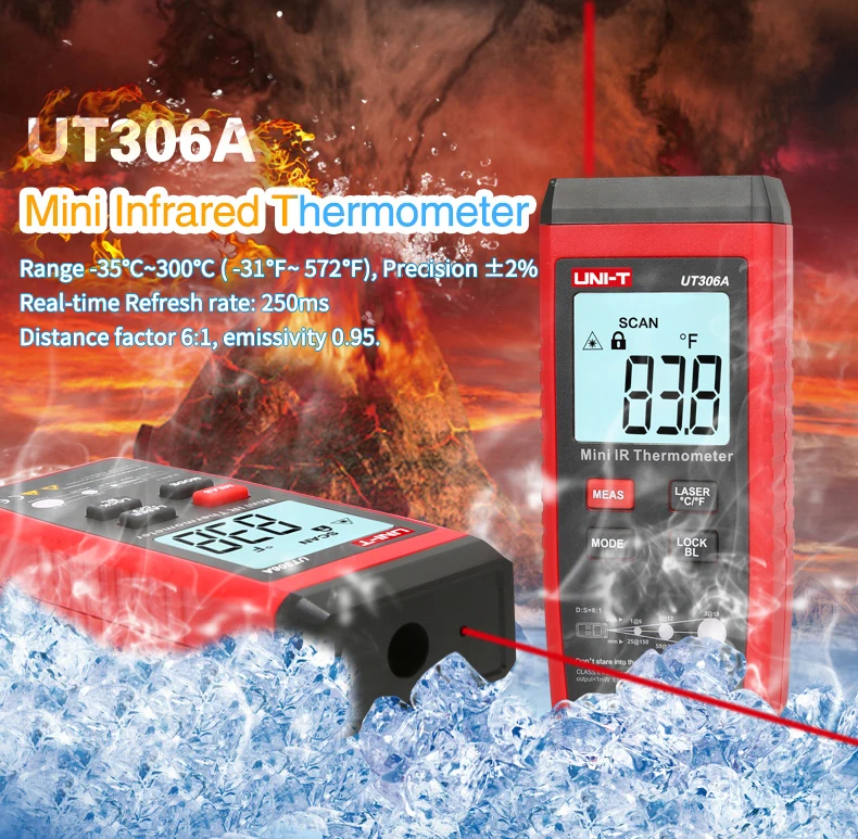 UNI-T мини lcd инфракрасный термометр-35~ 300C-31~ 572F UT306A красный лазерный измеритель температуры C/F Пирометр