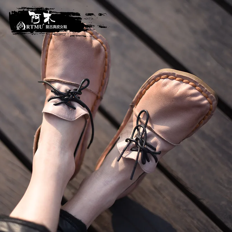 

Artmu Original Spring New Flat Women Shoes Cowhide Soft Sole Genuine Leather Shoes Lace-up Handmade Square Toe Shoes Y21D8L