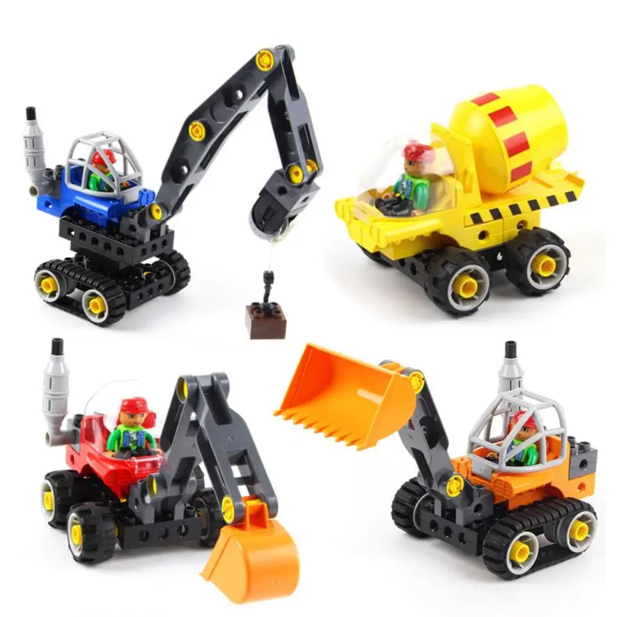 

Funny 4in1 city Engineering vehicle block large bricks excavator Crane Mixer model worker figures compatible with duploes toys