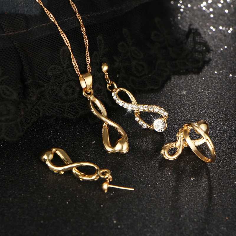 17 км свадебный ювелирный набор кристалл длинное ожерелье бесконечные серьги золотого цвета кольца простой дизайн свадебные ювелирные изделия для женщин