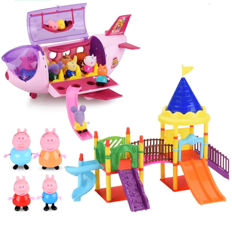 

Genuine Peppa Pig Family Private Airplane Sports Car Learning Desk Amusement Park House Toy Set Action Character Children's Toys