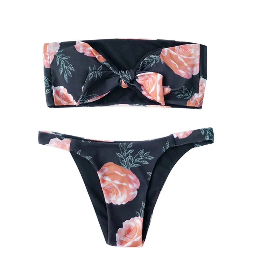 

Strapless Floral Women Bikini Suit Padded bandeau bikini Sexy Women Front Knotted Swimsuit Bow Knot Rose Flower Bikiqui Wearing