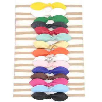 

12pcs/lot Trendy 4" PU Leather Bow Nylon Headband Hair Accessories for Kids Headwrap Bandeau Hairband Solid Leather Bow