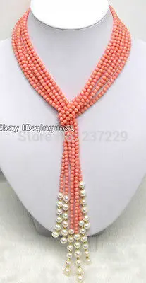 

Wholesale XSZ2014 ^^^SALE Long 47" Natural 4mm Pink round Coral & White Pearl 3 Strands Necklace
