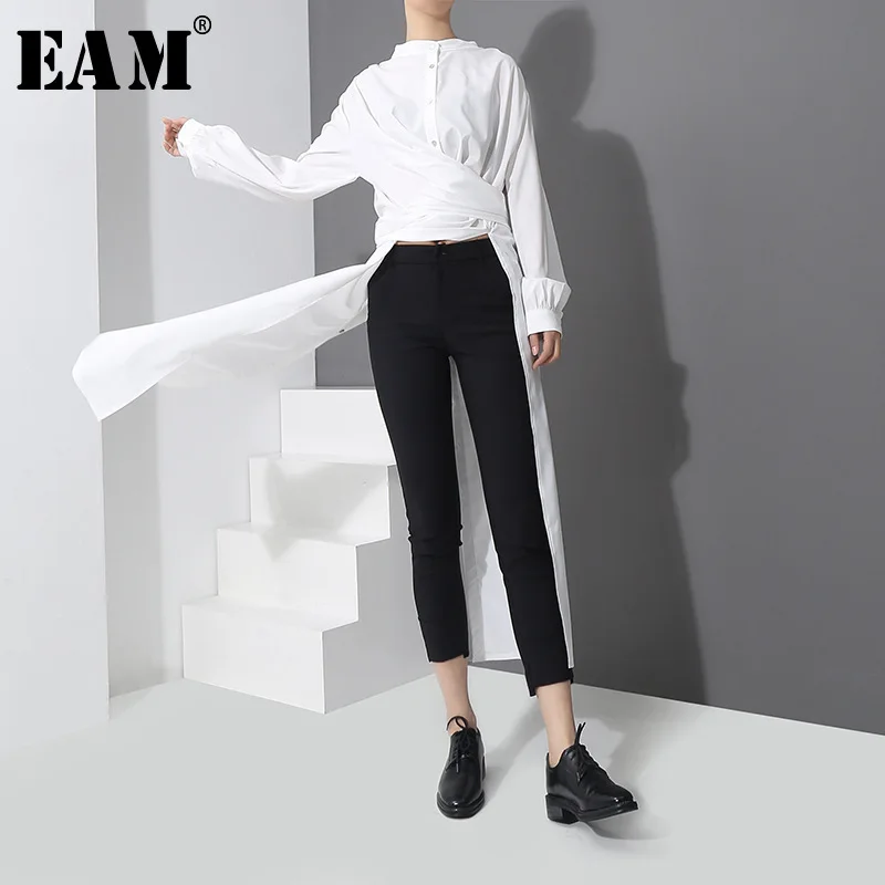 

[EAM] 2019 Spring New Fashion New Long Type Side Vent Button Big Size Shirt Long Sleeve Temperament Long Blouse Women Tide YC1