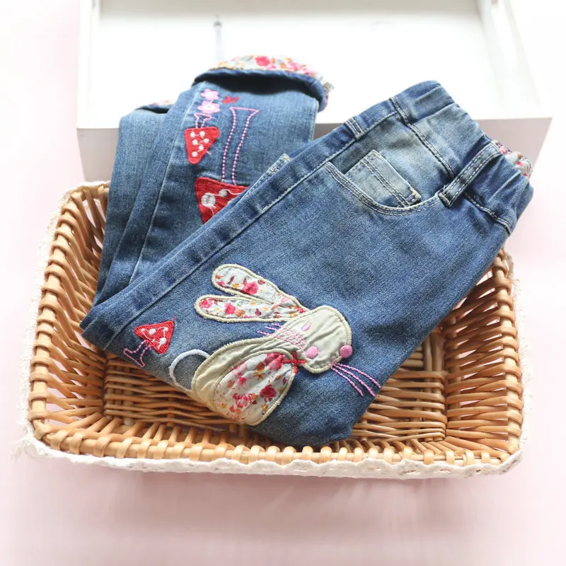 

New 2018 Winter Baby Girls Jeans Brand Children Trousers Fashion Embroidery rabbit Pattern Thicken Add wool Kids Warm Pants
